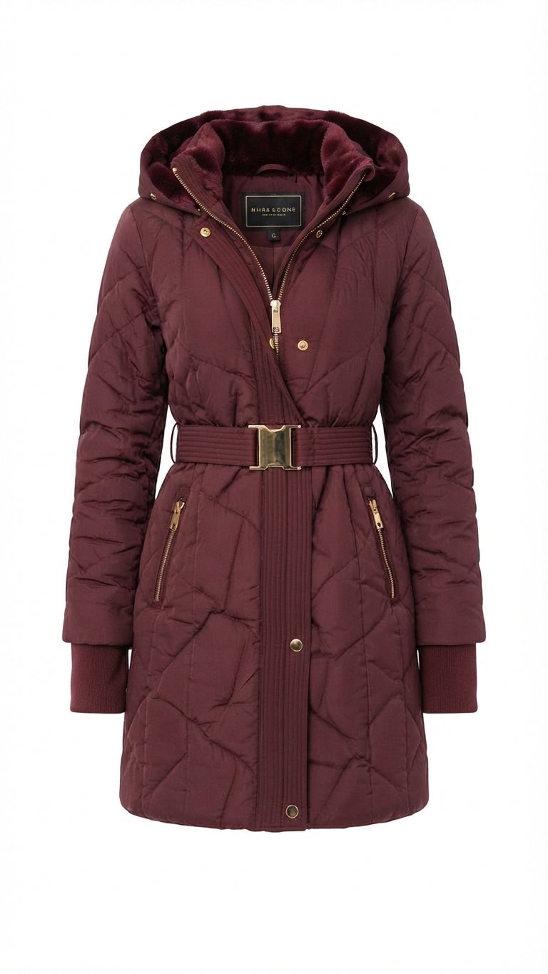 MICHAEL KORS Burgundy Belted Puffer Coat.