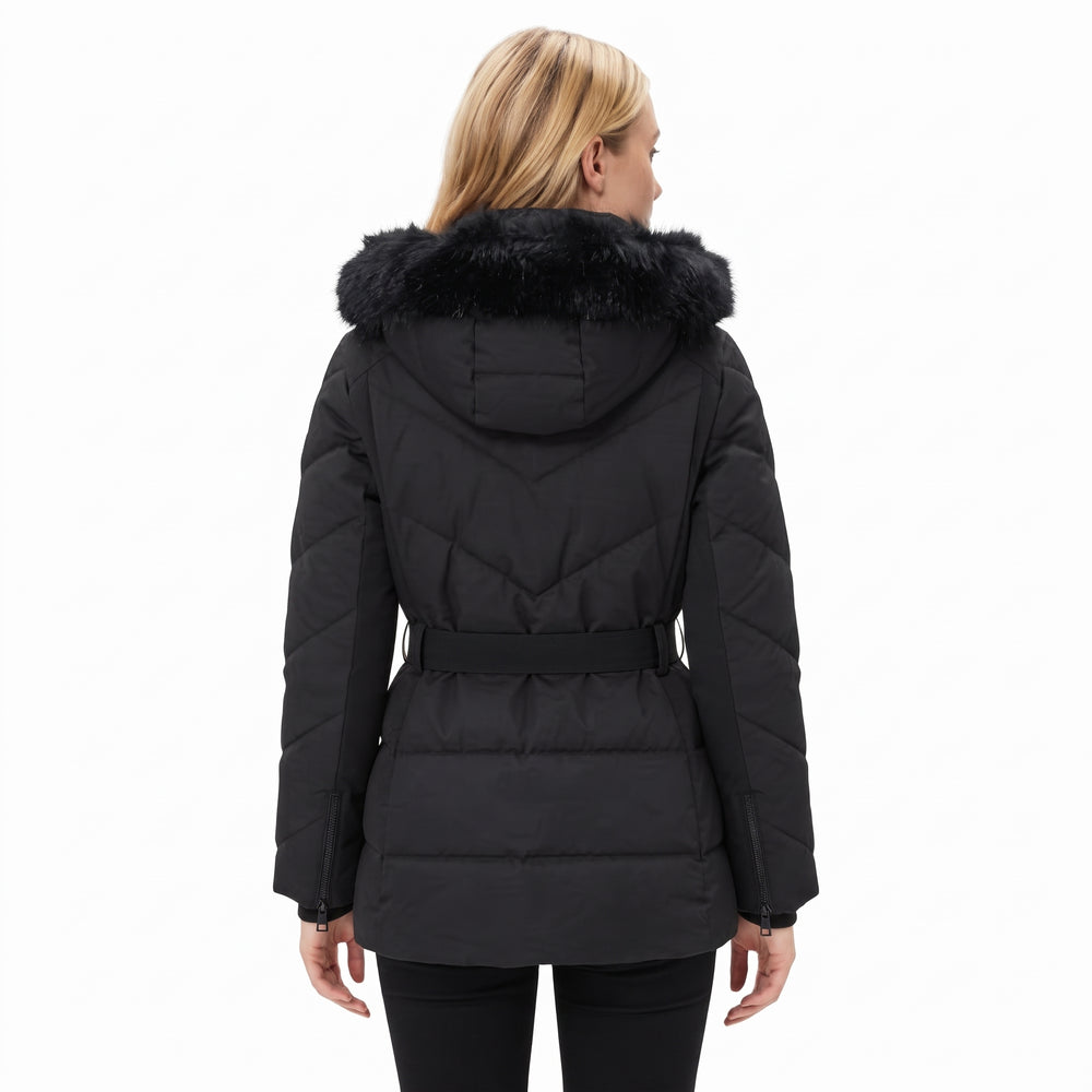 Womens Michael Kors Belted Puffer Coat with Faux Fur Hood