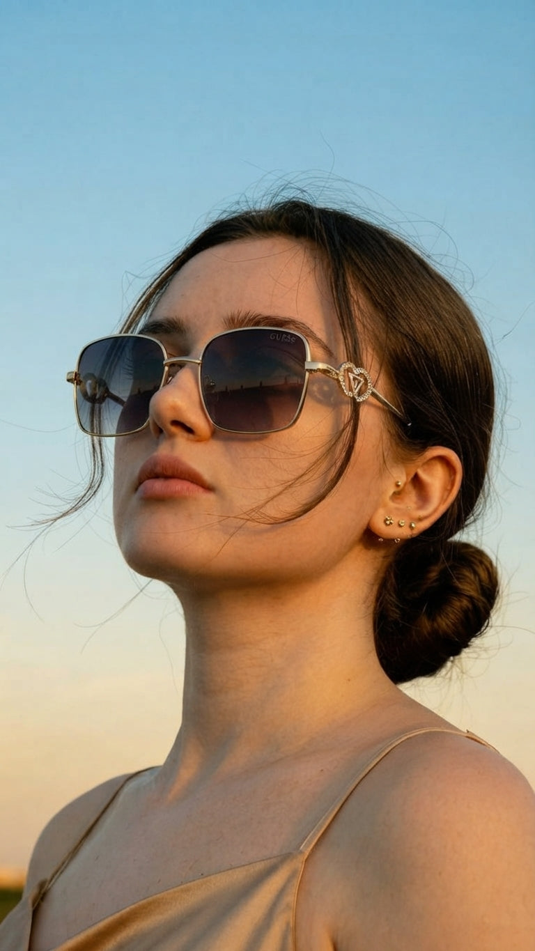 Guess Gold Square Sunglasses with Rhinestone Interlocking G Details (Without Case)
