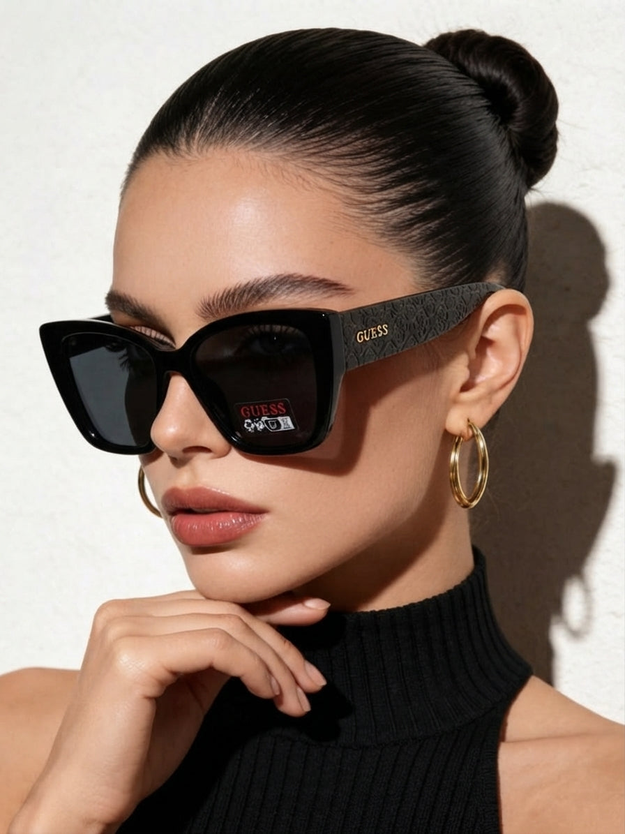 Guess Oversized Black Square Sunglasses with Monogram Temples (Without Case)