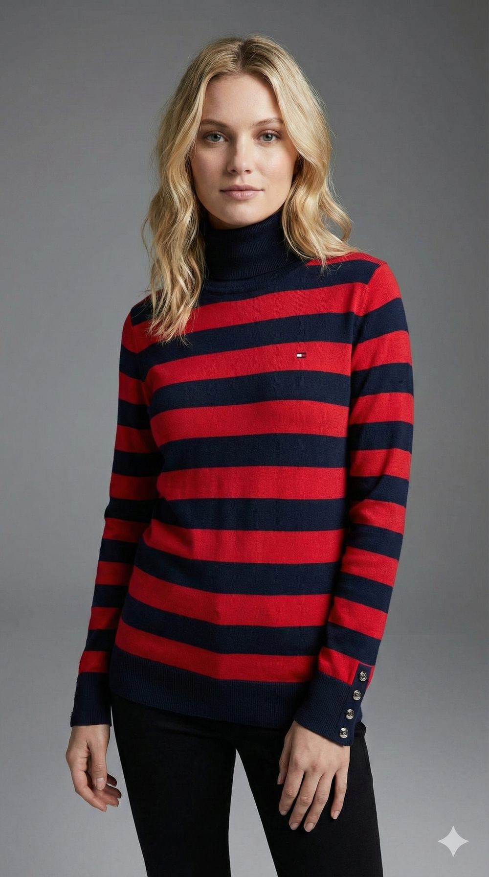 Tommy Hilfiger rugby stripe mock-neck sweater in red and blue with button cuffs