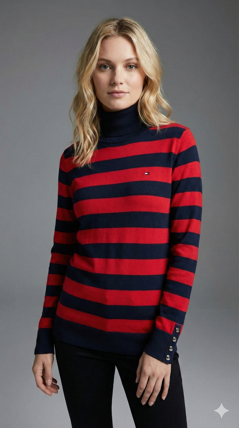 Tommy Hilfiger rugby stripe mock-neck sweater in red and blue with button cuffs