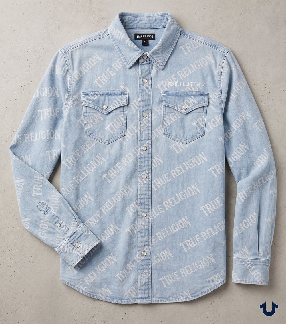 True Religion All Over Logo Denim Shirt Blue Button Up Long Sleeve Size L Womens