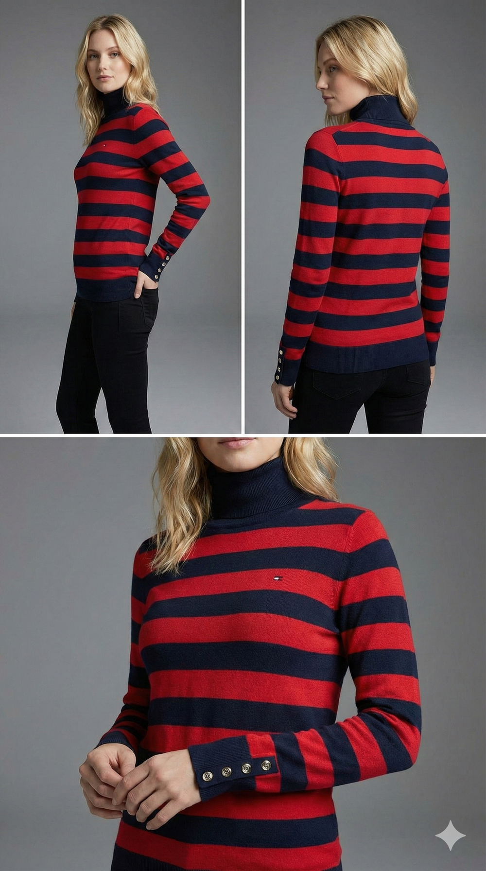 Tommy Hilfiger rugby stripe mock-neck sweater in red and blue with button cuffs