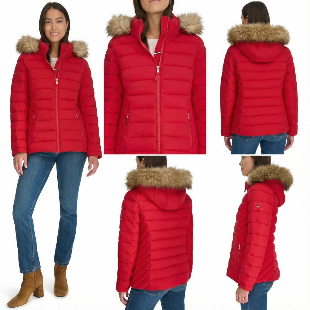 Womens Tommy Hilfiger Hooded Puffer Jacket with Faux Fur Trim