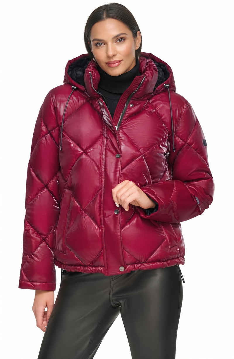 DKNY Diamond Quilt Water Resistant Puffer Jacket In Wine Lush