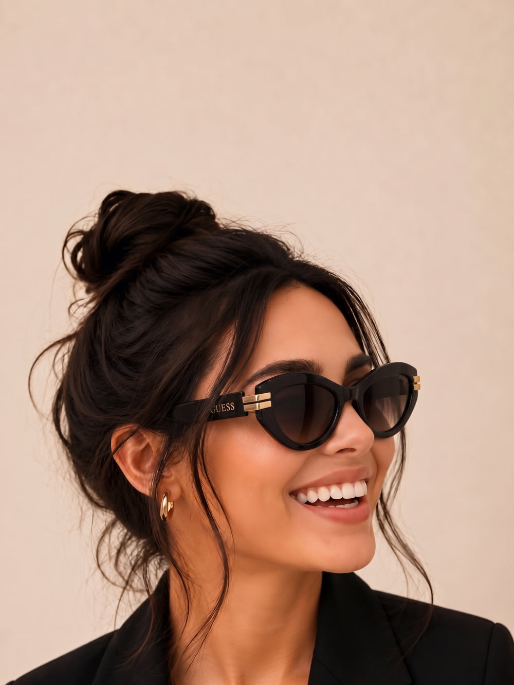 GUESS Women's Cat-Eye Sunglasses – Black Frame with Gold Hinge Detail