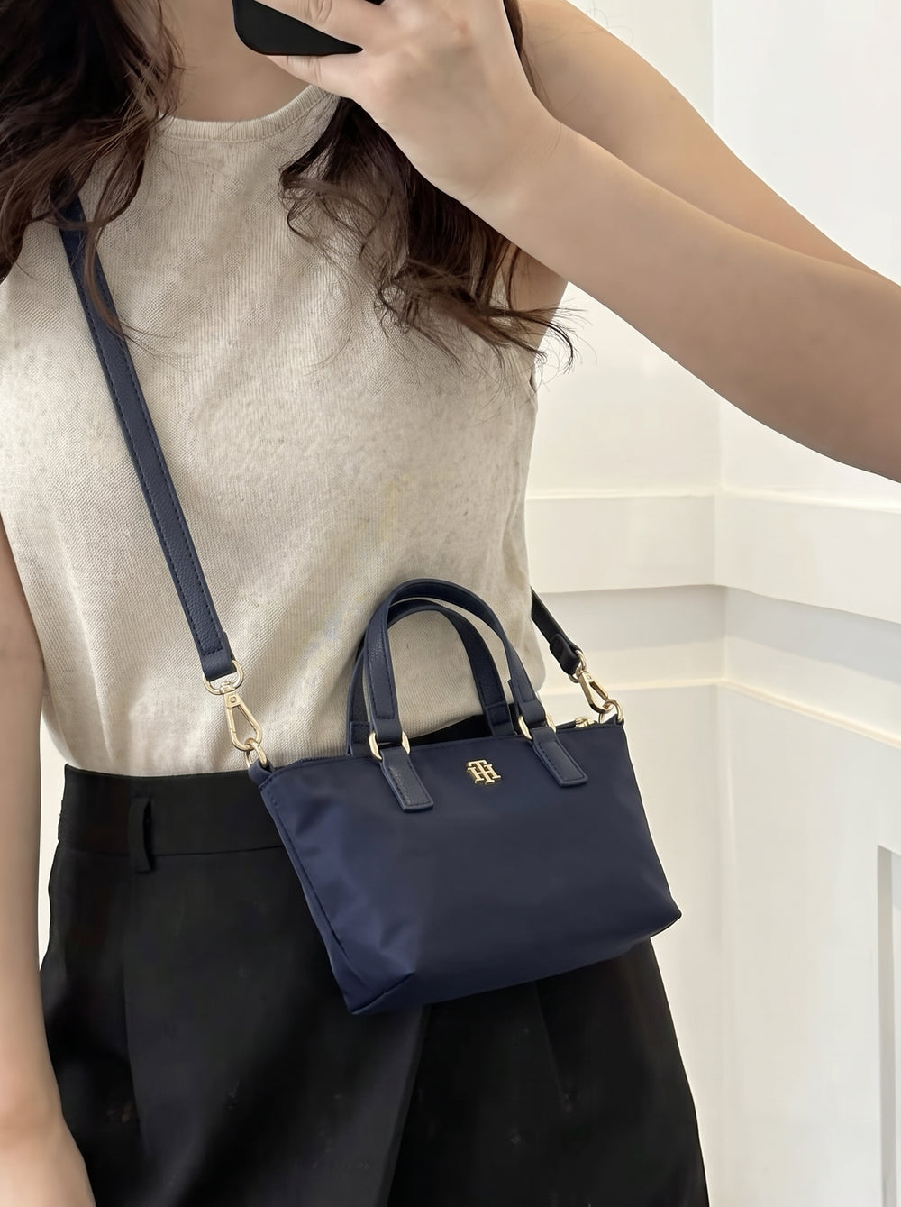 Tommy Hilfiger Women’s Small Nylon Crossbody Bag with Top Handles - Navy Blue