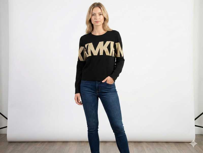 Michael Kors Women's Black Sweater With gold Logo On Chest