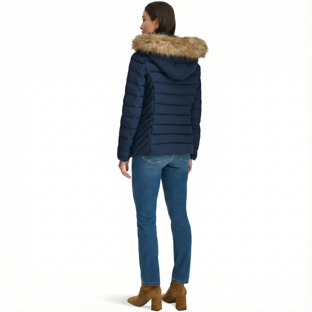 Womens Tommy Hilfiger Hooded Puffer Jacket with Faux Fur Trim