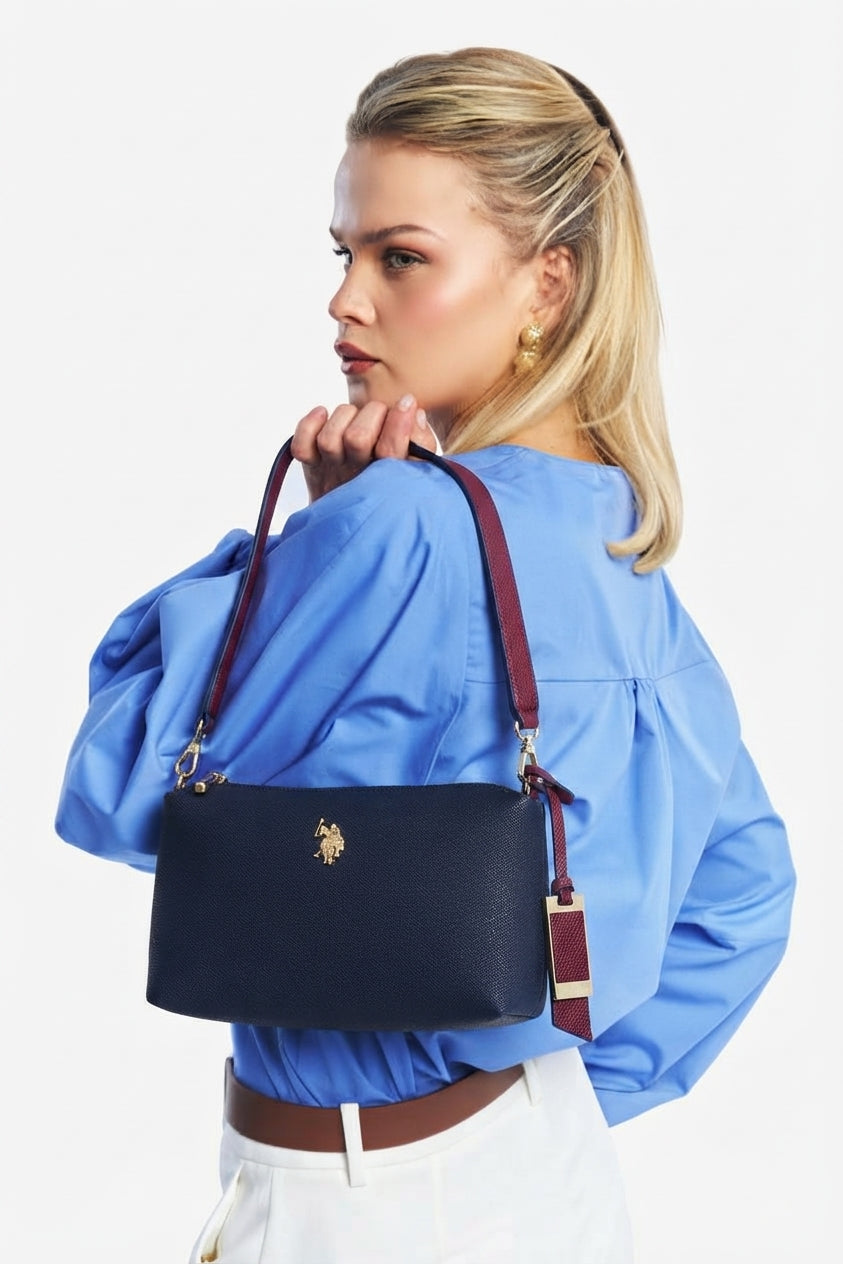 U.S. Polo Assn. Navy Blue-Burgundy Women's Shoulder Bag with Wine Red Strap