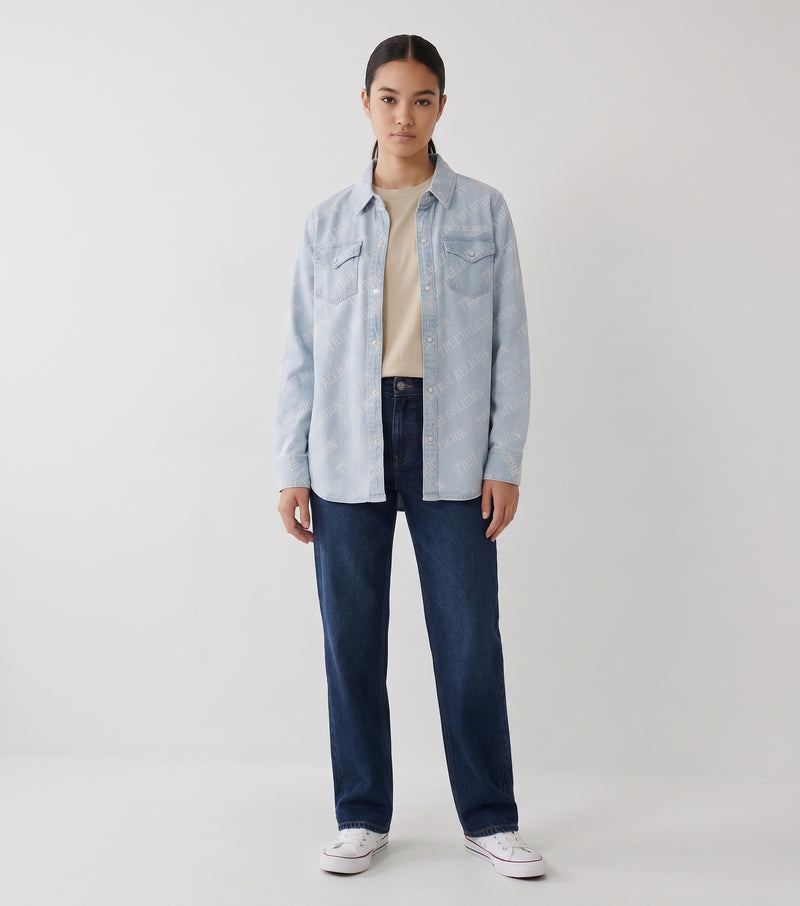True Religion All Over Logo Denim Shirt Blue Button Up Long Sleeve Size L Womens