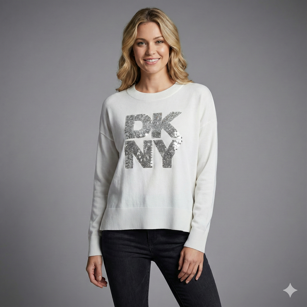 DKNY Women's sequin appliqué satin stitch stack logo sweatshirt