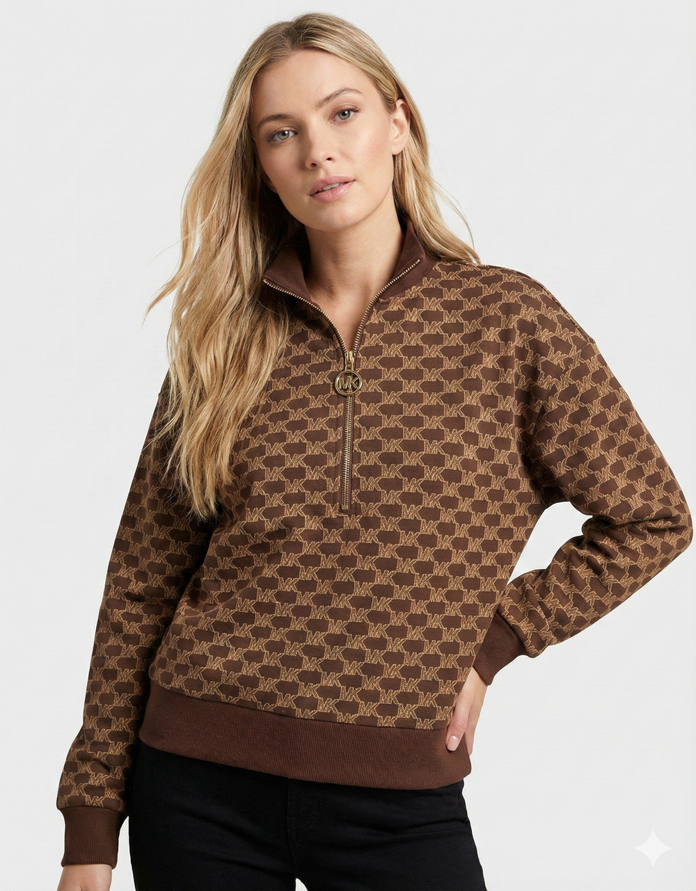 Michael Kors Women's Brown Signature Monogram Quarter-Zip Sweatshirt
