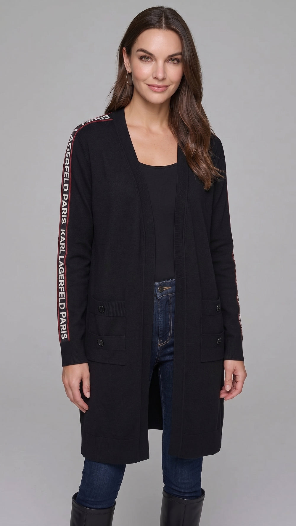 Karl Lagerfeld Paris Women's Allover Logo Tape Cardigan Sweater