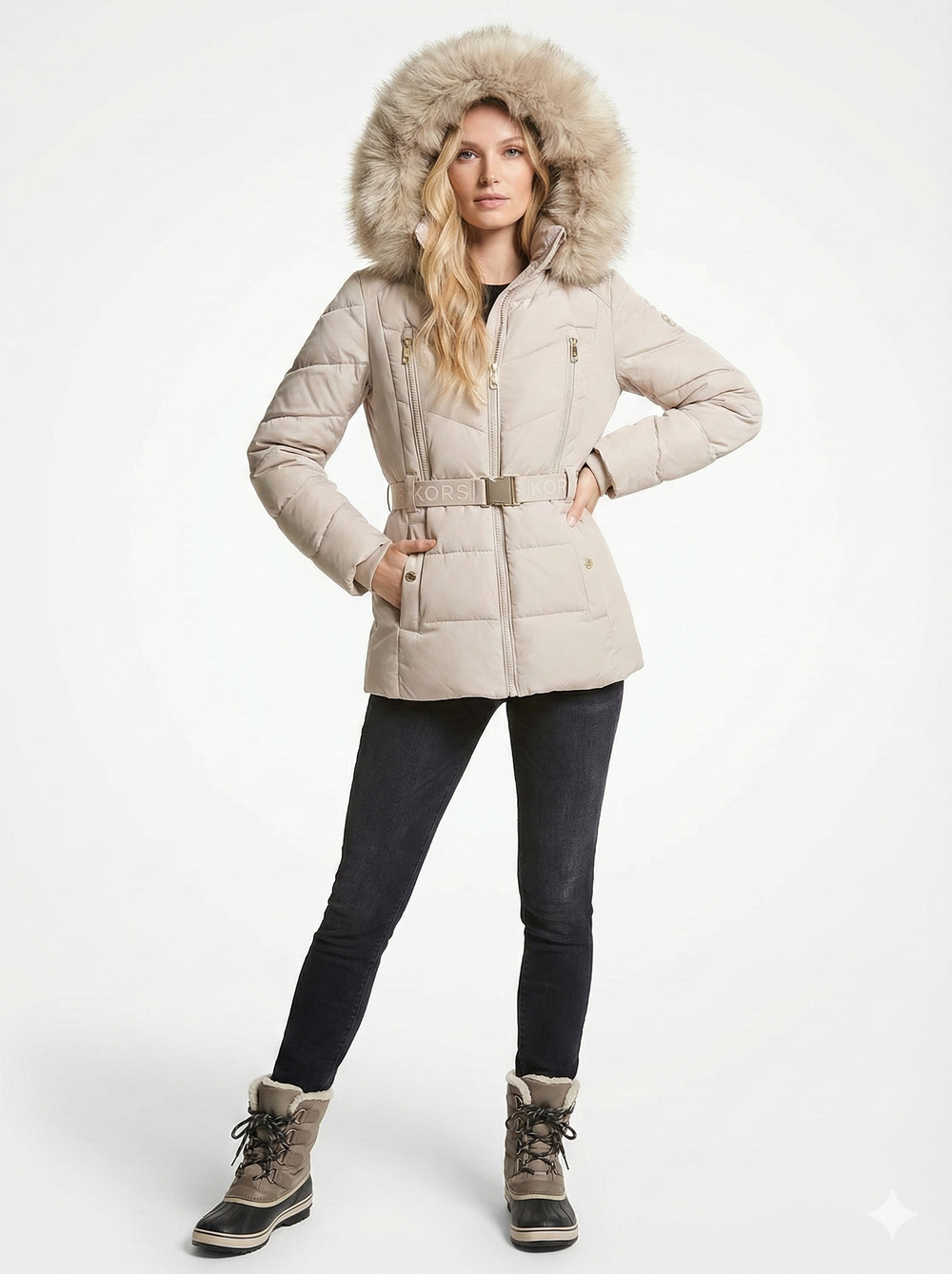 Michael Kors Women's Faux Fur Hooded Belted Coat