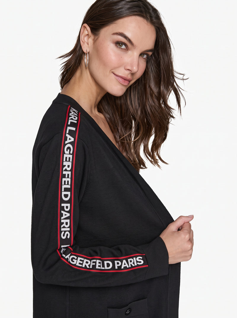 Karl Lagerfeld Paris Women's Allover Logo Tape Cardigan Sweater