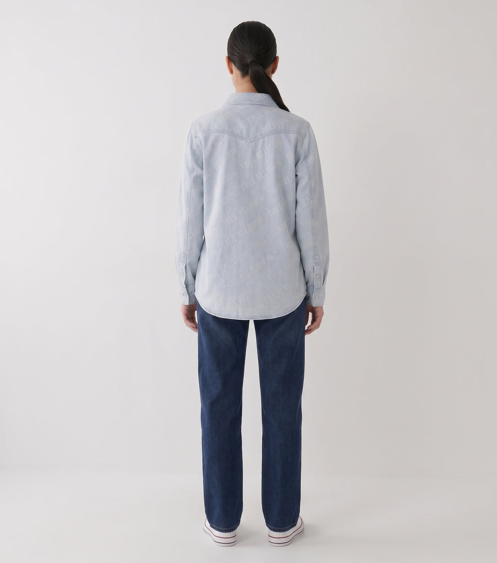 True Religion All Over Logo Denim Shirt Blue Button Up Long Sleeve Size L Womens