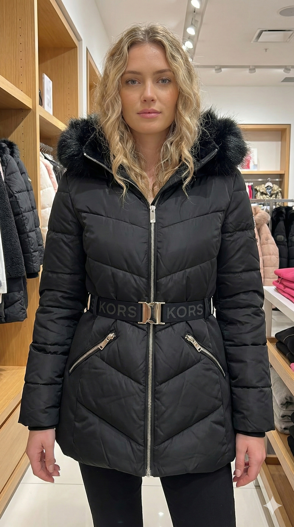 Michael Kors Faux Fur Trim Belted Puffer Jacket