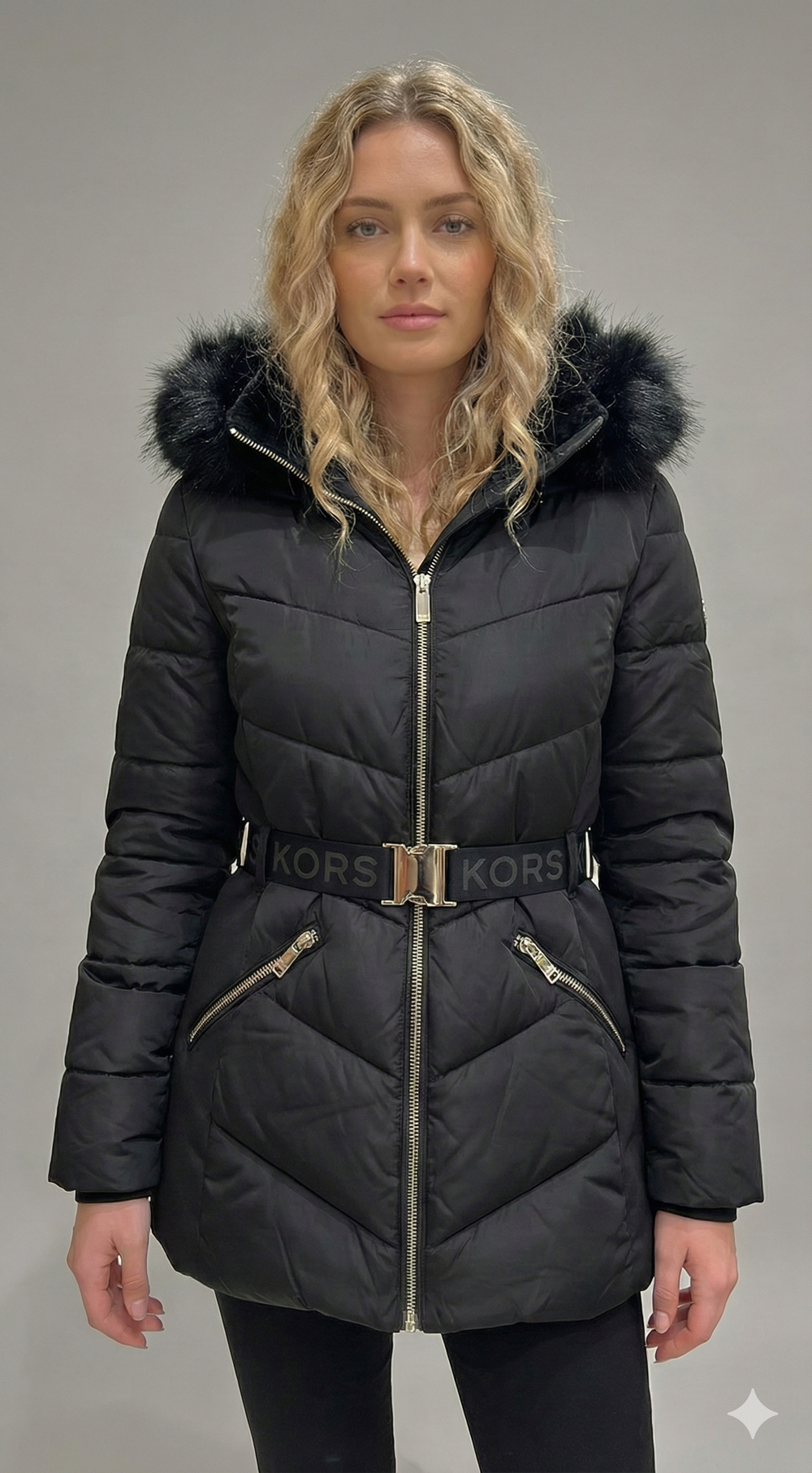 Michael Kors Faux Fur Trim Belted Puffer Jacket