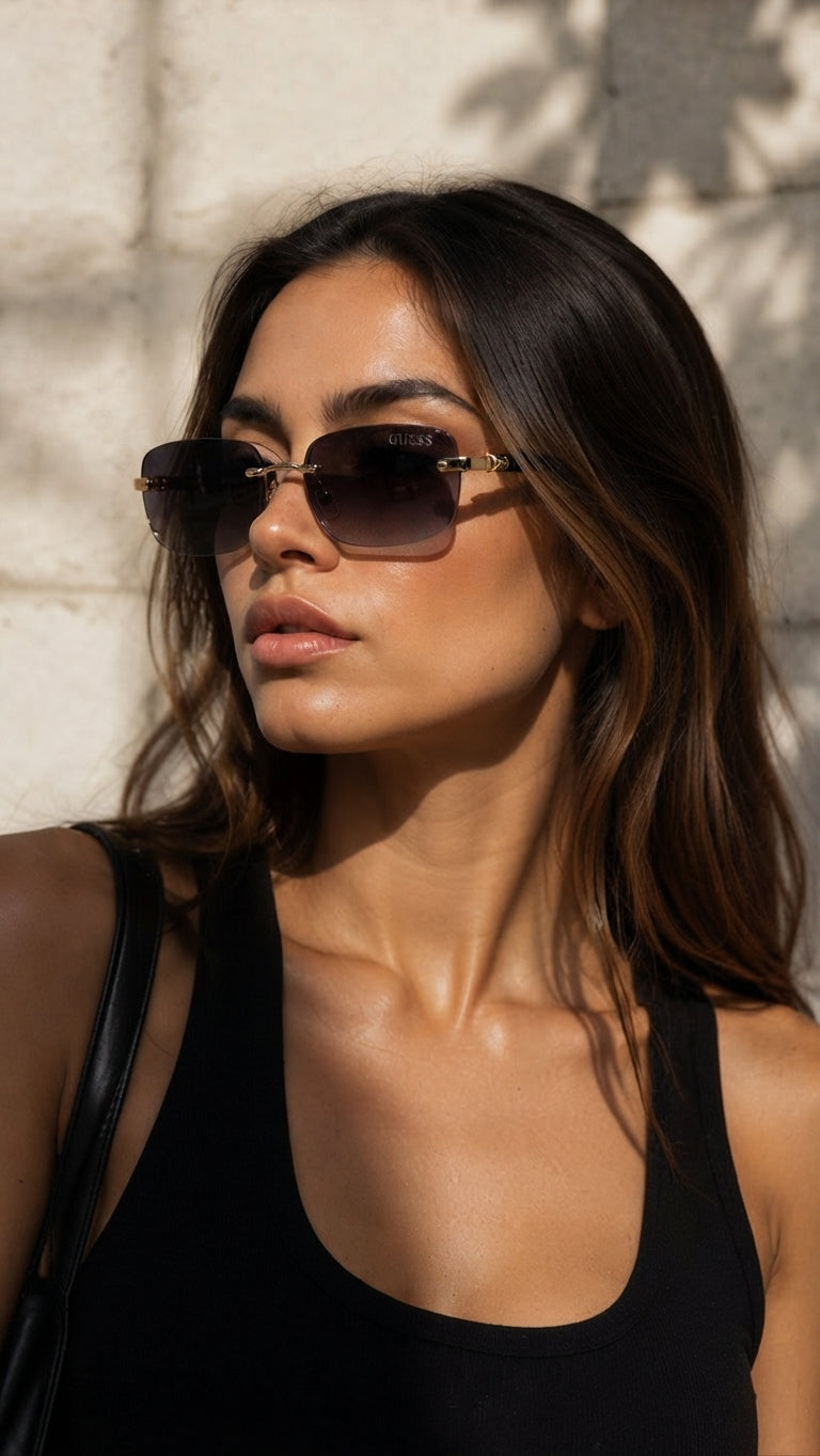 Guess Rimless Square Sunglasses with Gold Metal Bridge and Black Temples (Without Case)