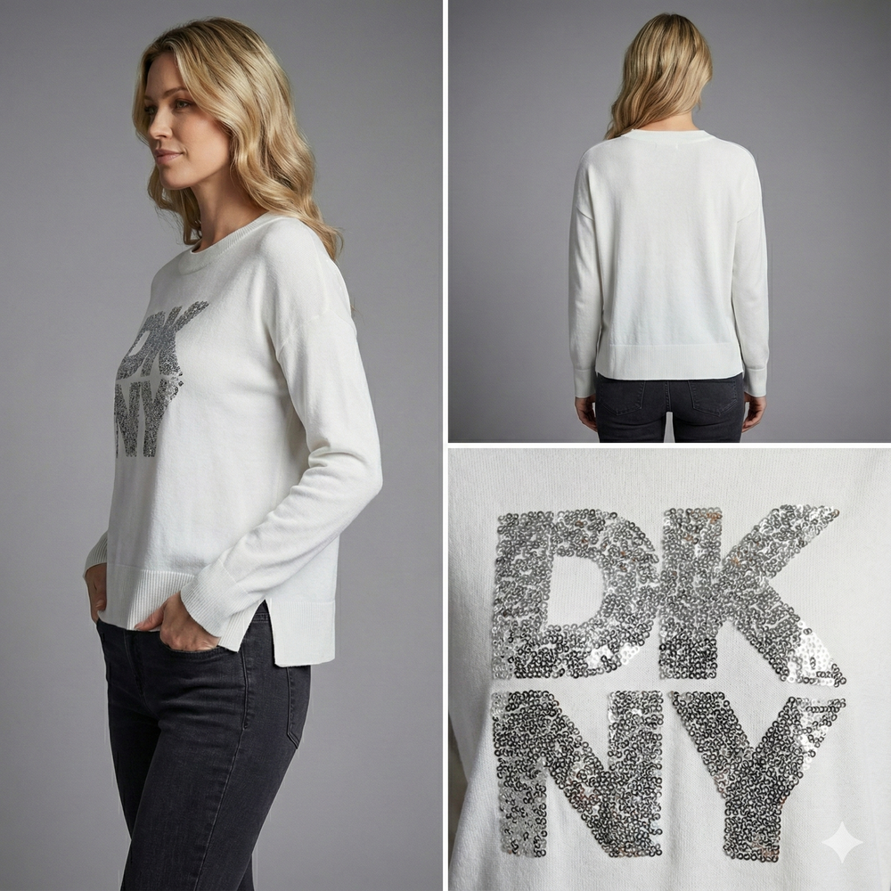 DKNY Women's sequin appliqué satin stitch stack logo sweatshirt