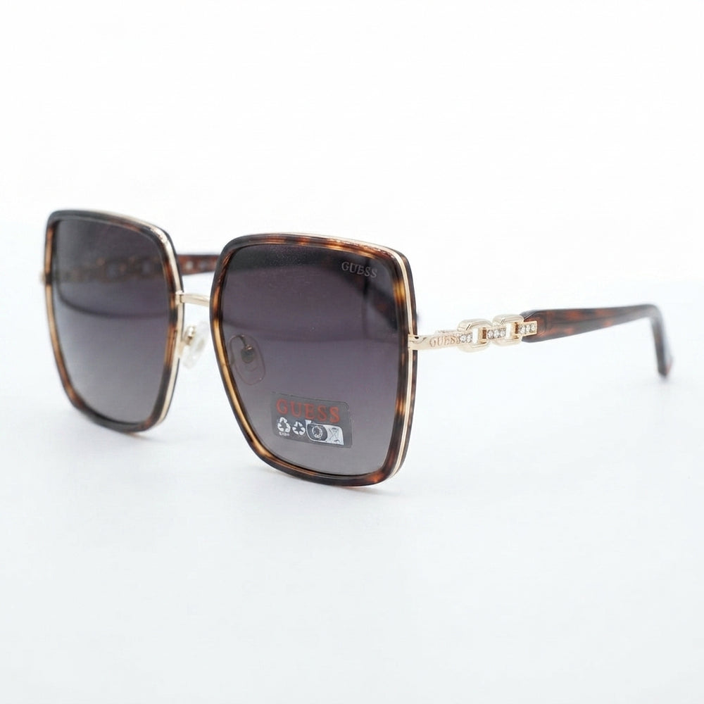 Guess Gold and Tortoiseshell Square Wire-Frame Sunglasses with Chain Link Temples (Without Case