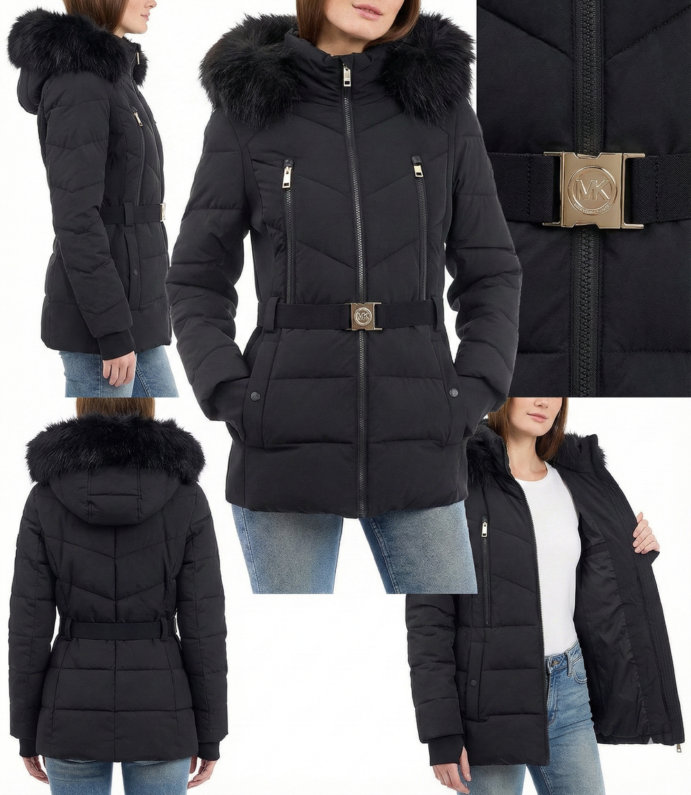 Michael Kors Women's Faux Fur Hooded Belted Coat