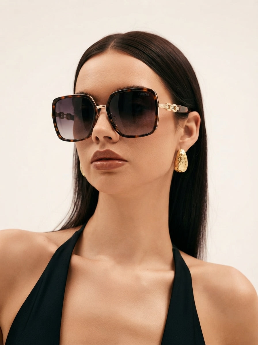 Guess Gold and Tortoiseshell Square Wire-Frame Sunglasses with Chain Link Temples (Without Case