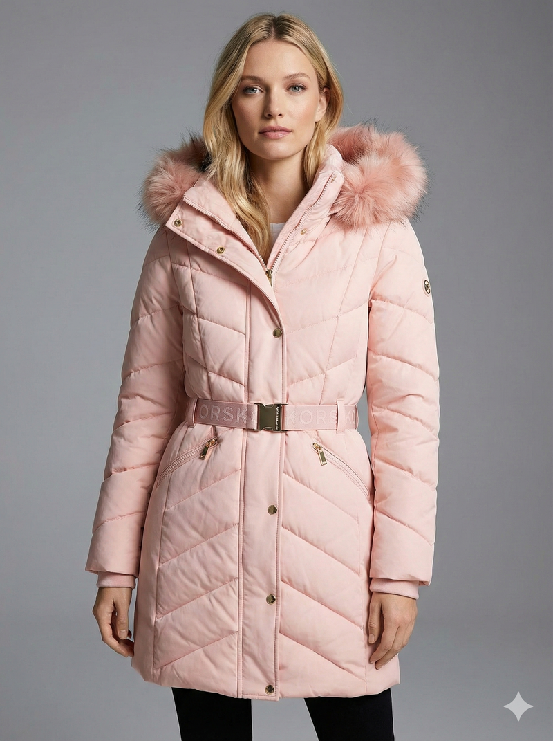 Michael Kors Faux Fur Trim Belted Puffer Jacket