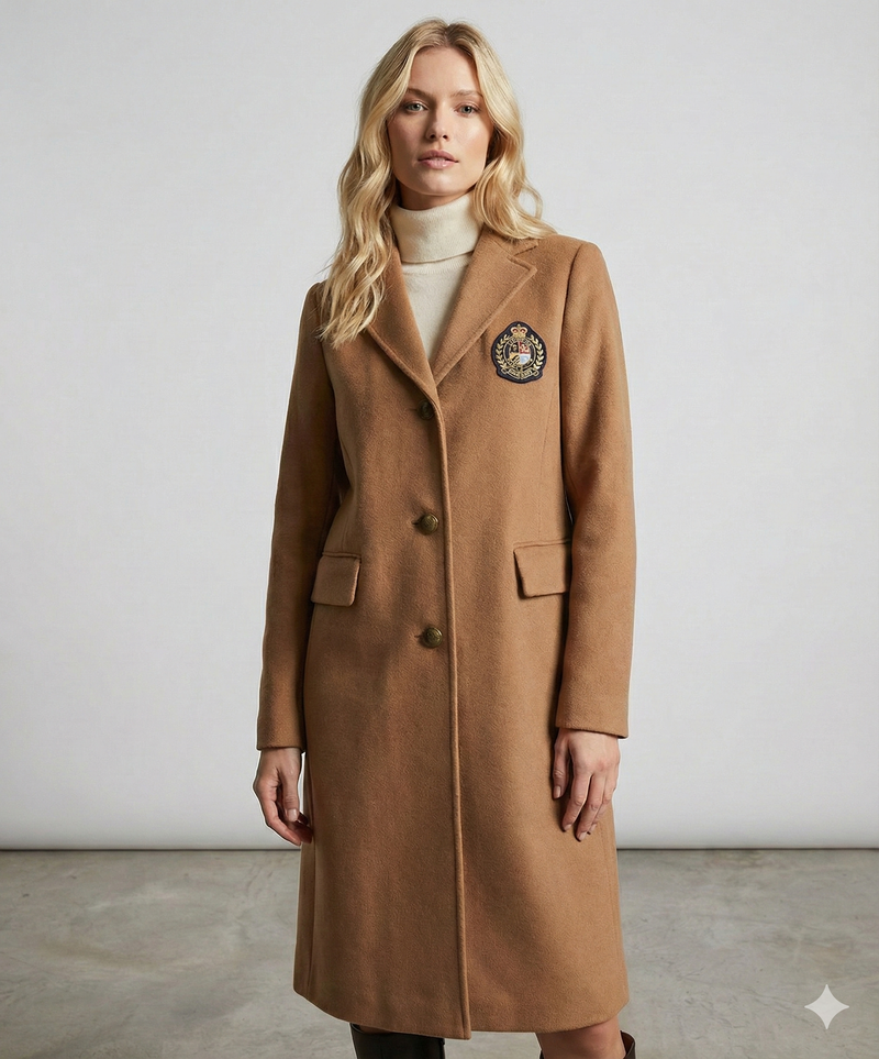 Ralph Lauren Crest Patch Wool Blend Coat in camel