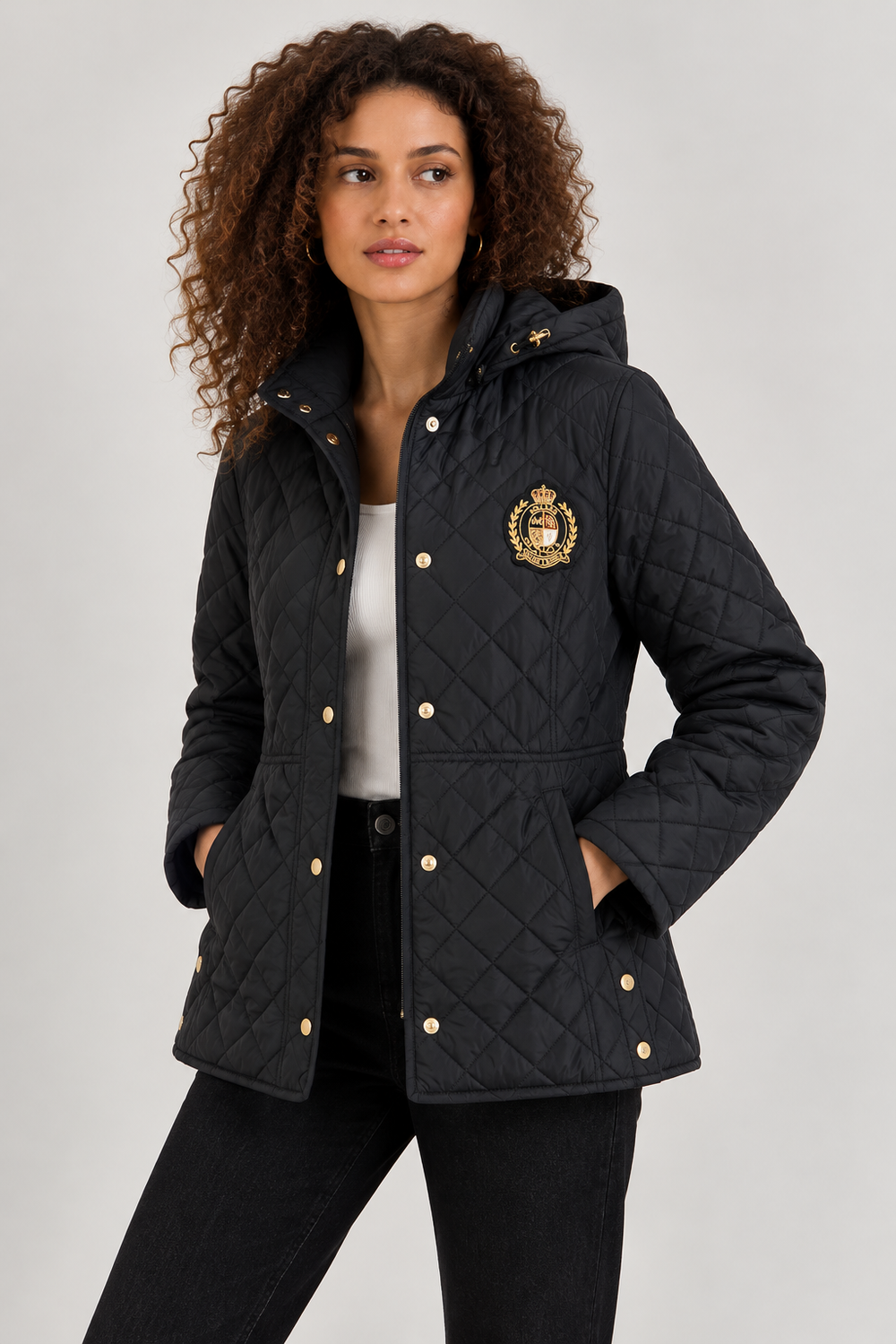 Faux-Leather-Trim Crest-Patch Jacket