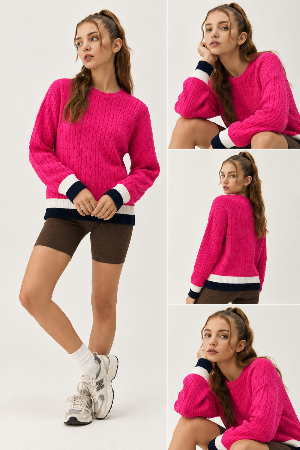 Pink Cable-Knit Sweater with Contrast Trim