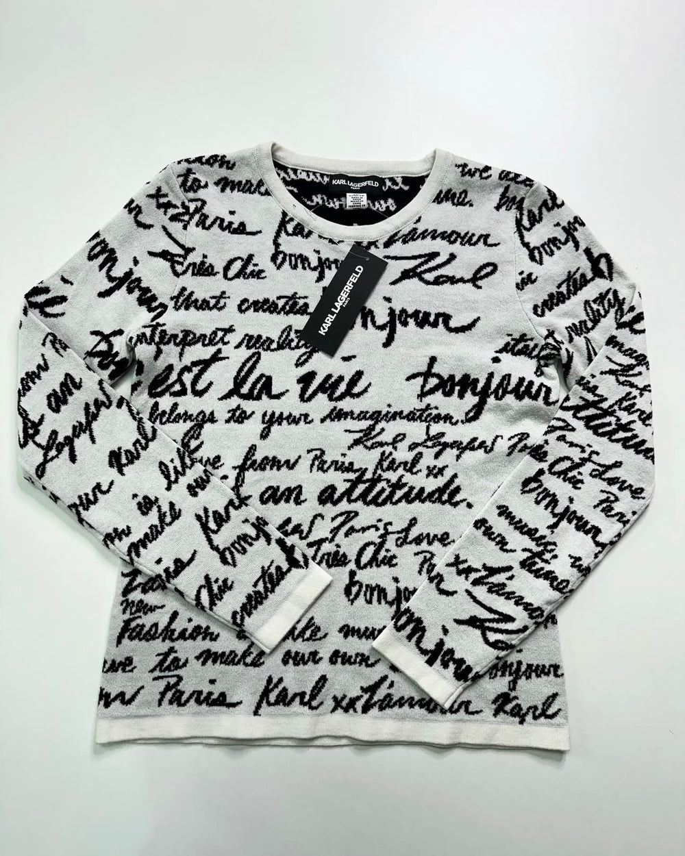 Karl Lagerfeld Womens Soft White Script Print Pullover Sweater