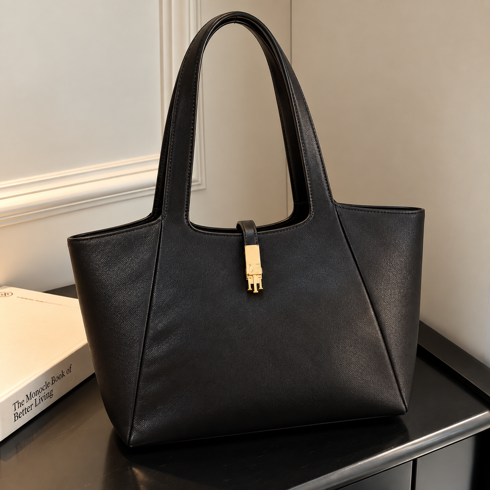Classic Black Structured Tote Bag with Gold Clasp