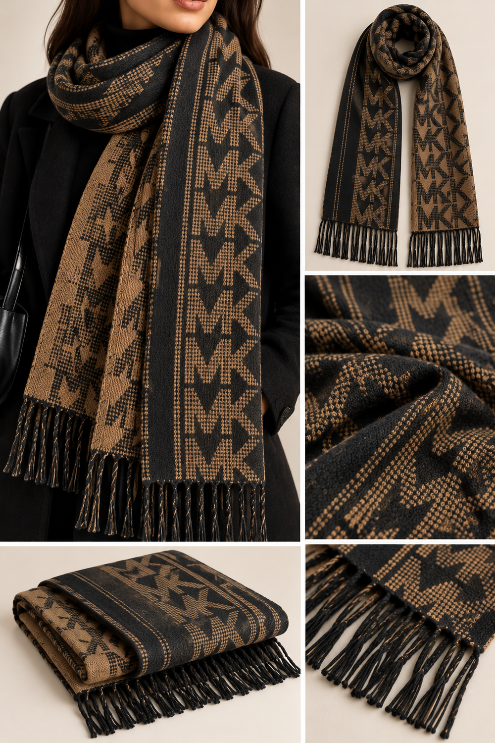 MK Monogram Reversible Knit Scarf – Black & Camel