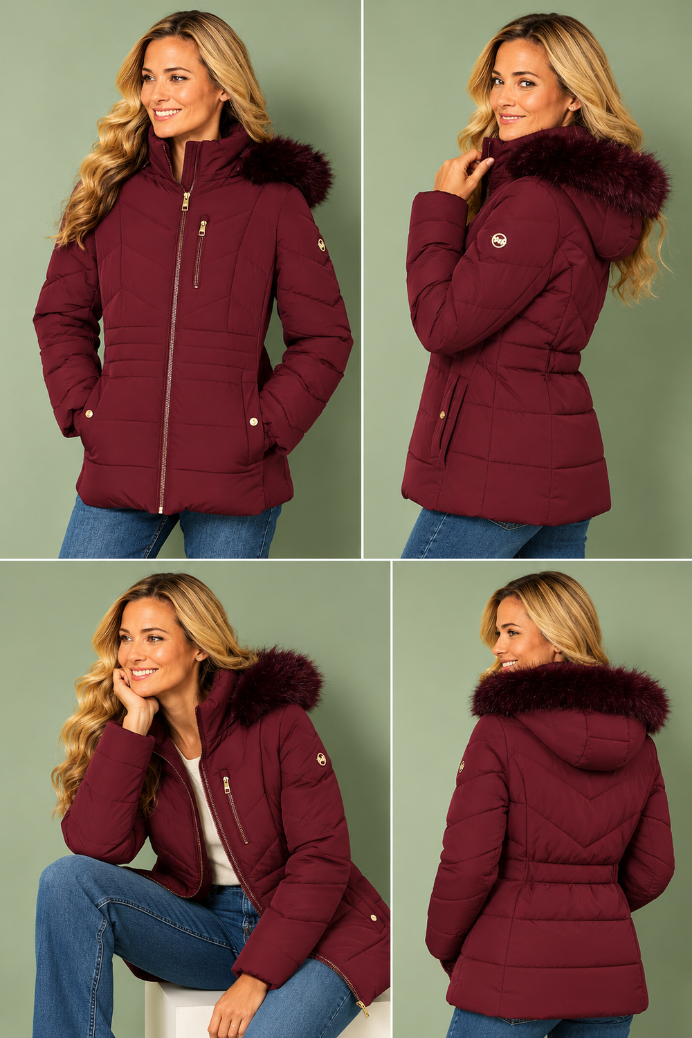 Michael Kors Puffer Coat Chest Zipper & Faux Fur Hood
