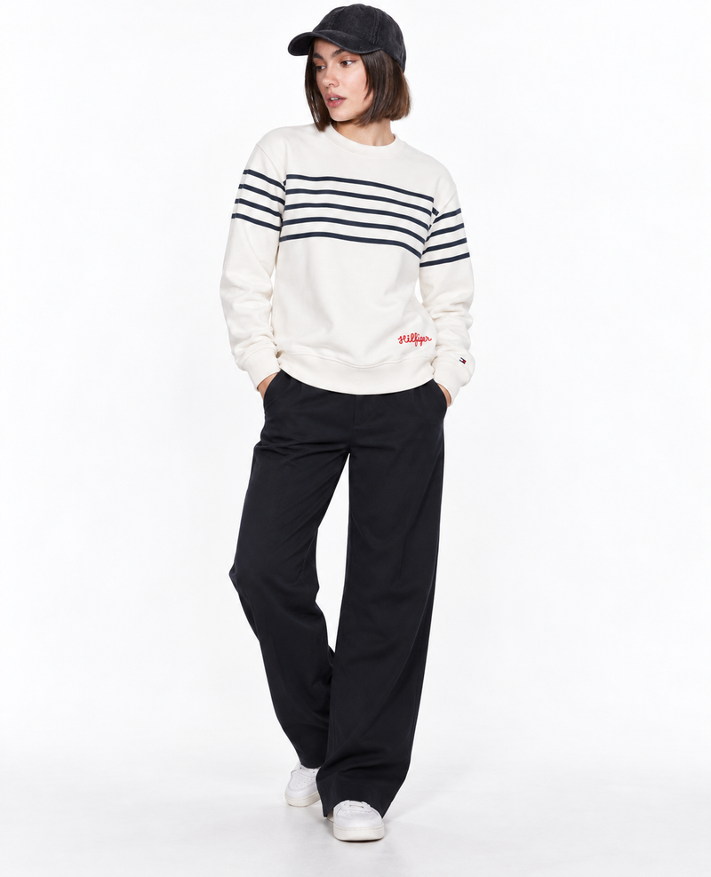 Tommy Hilfiger Women's Striped Crewneck Sweatshirt with Script Logo