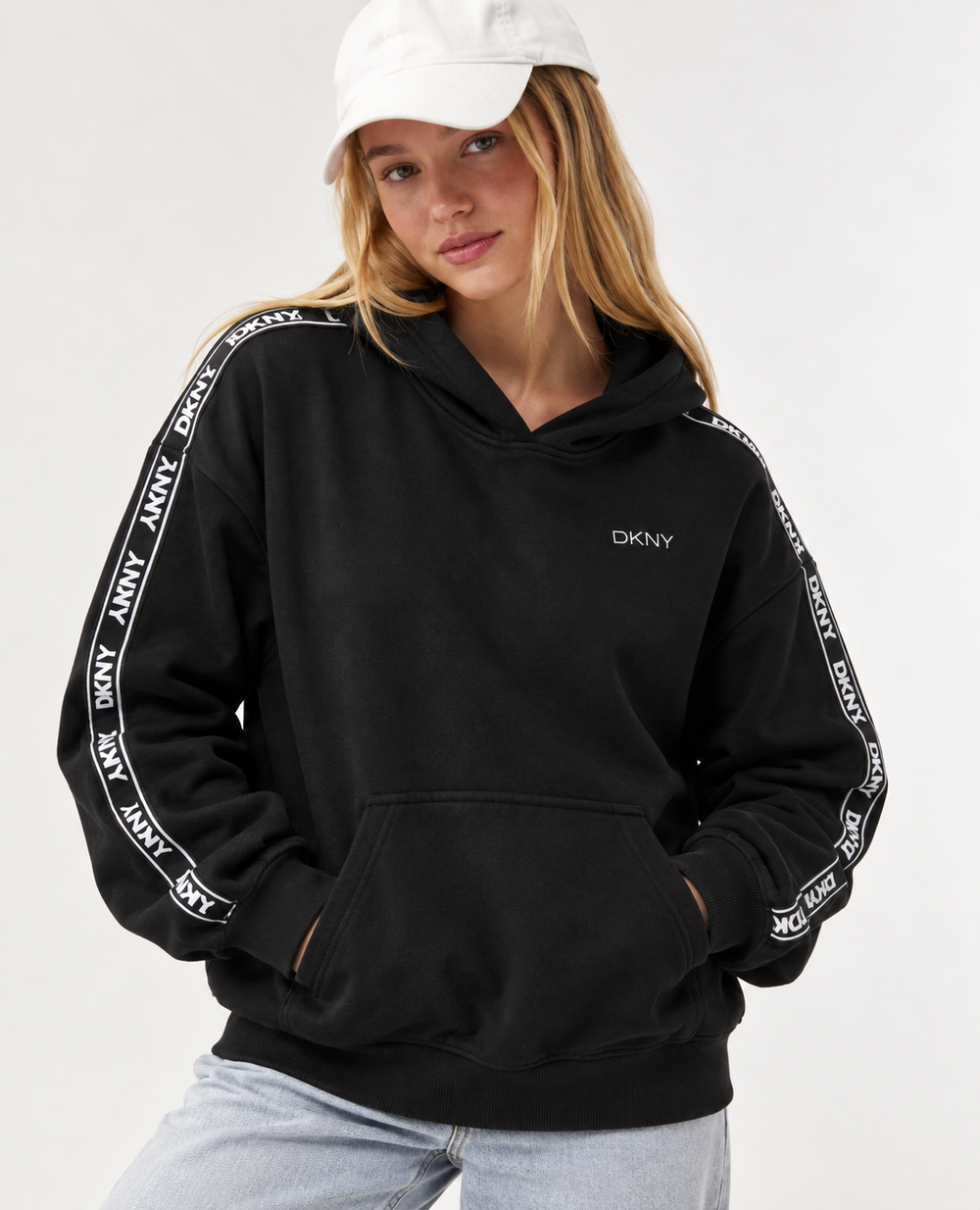 DKNY Women's Logo Tape Sleeve Pullover Hoodie