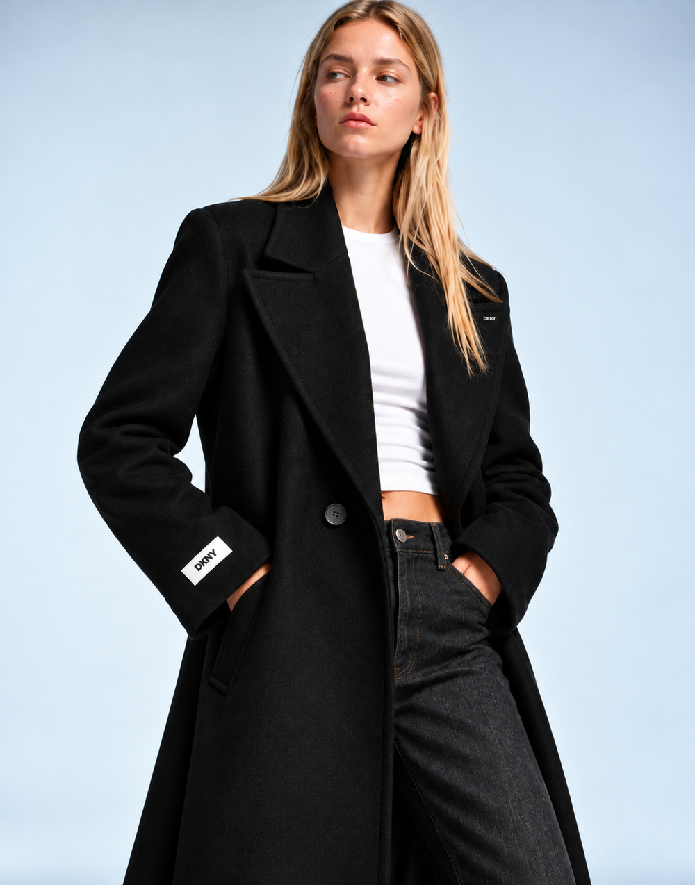 DKNY Black Long Wool-Blend Coat