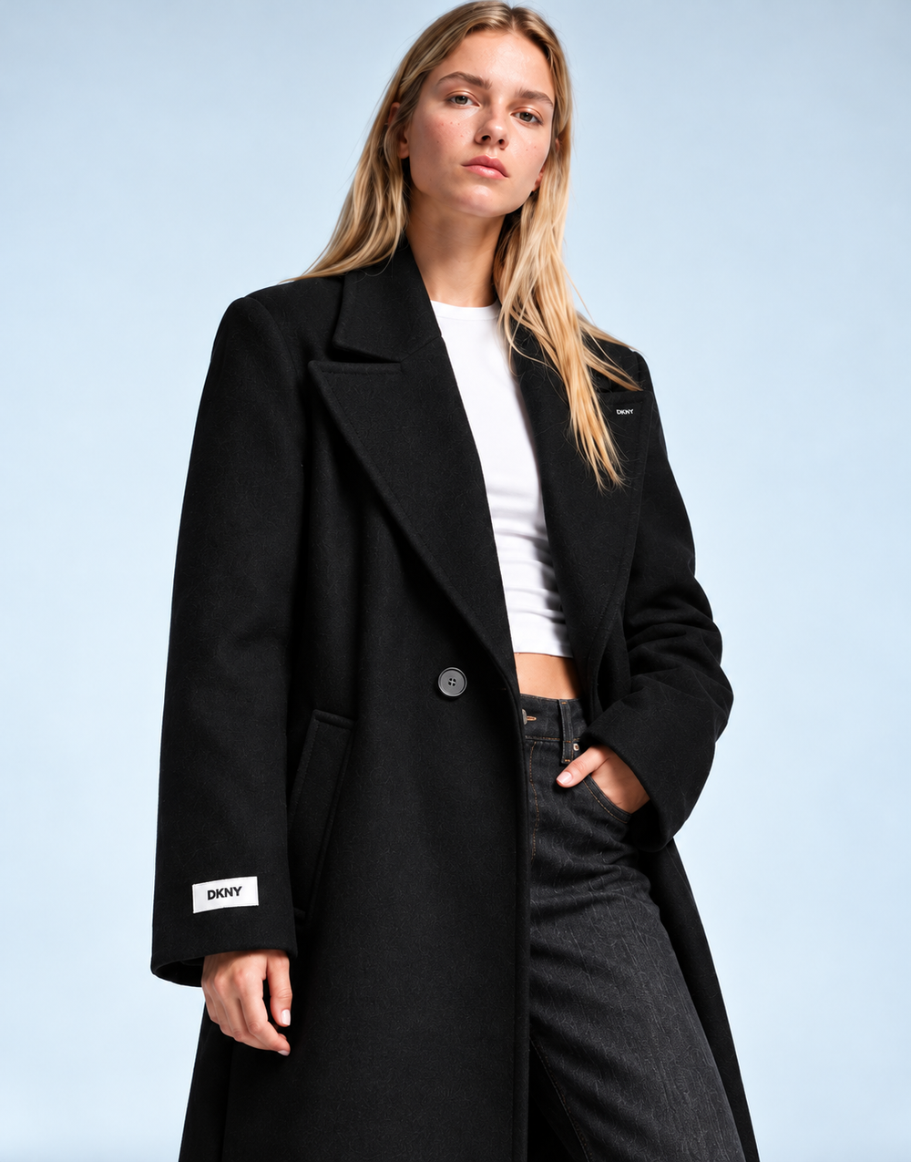DKNY Black Long Wool-Blend Coat