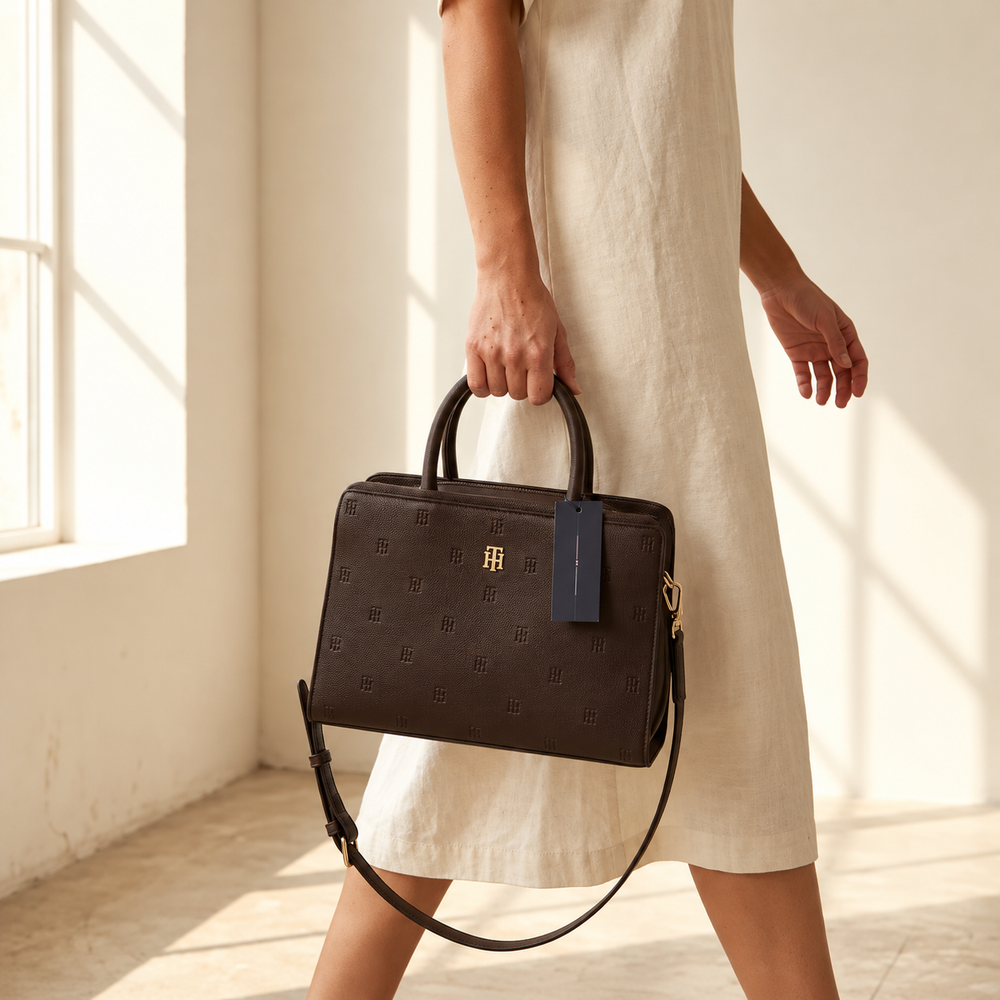 Tommy Hilfiger TH Monogram Brown Satchel / Crossbody Bag