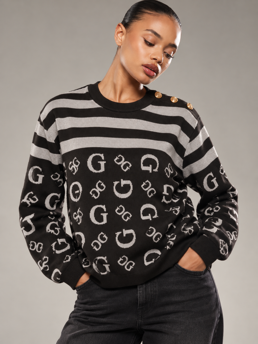 guess Allover Logo Striped Sweater with Shoulder Buttons