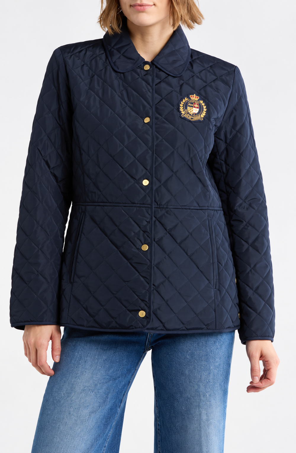 Faux-Leather-Trim Crest-Patch Jacket