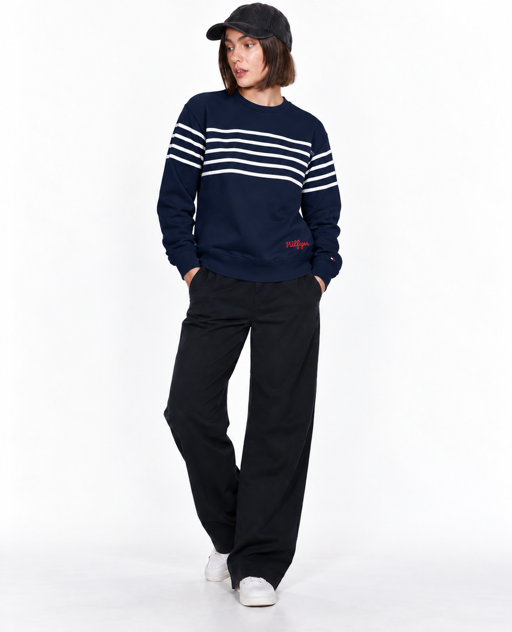 Tommy Hilfiger Women's Striped Crewneck Sweatshirt with Script Logo
