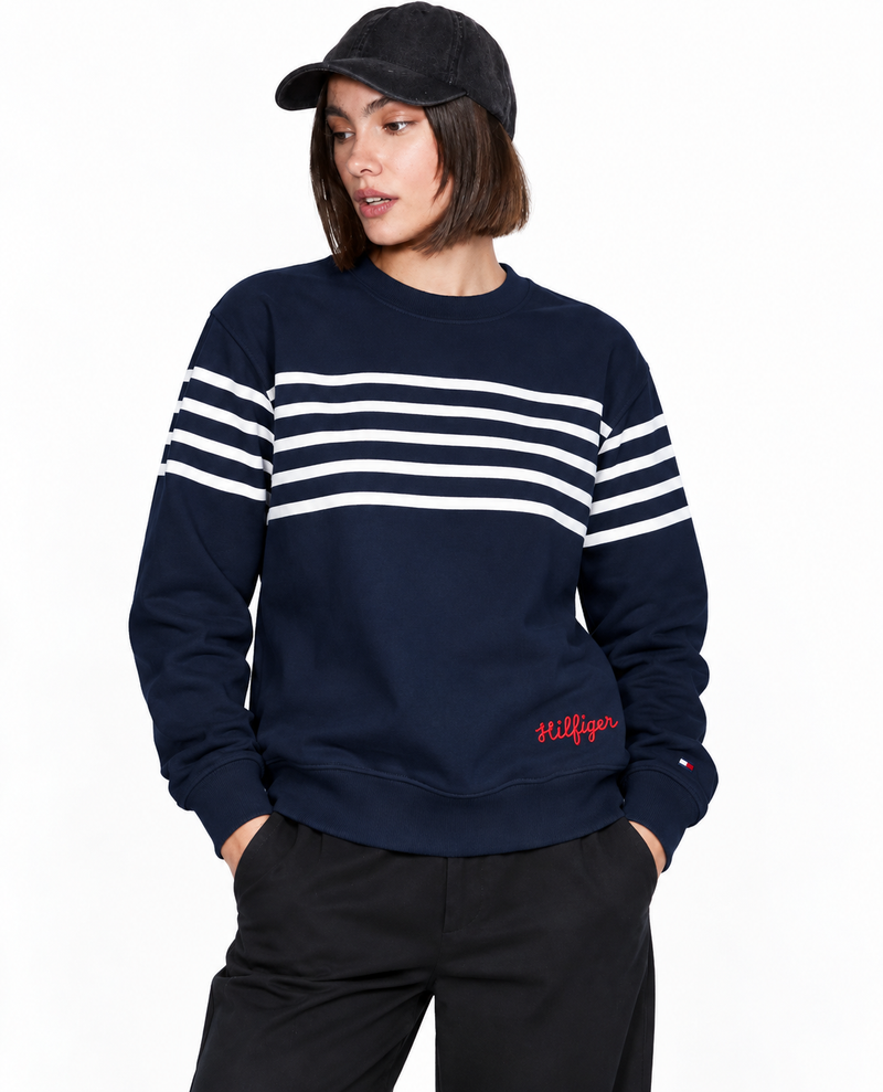 Tommy Hilfiger Women's Striped Crewneck Sweatshirt with Script Logo
