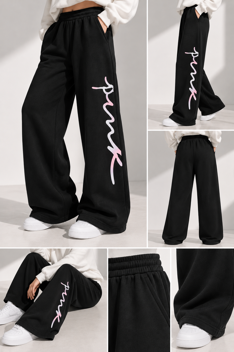 PINK Black Logo Sweatpants - Large