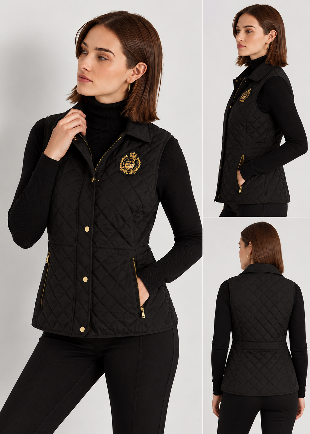 Quilted Black Crest Vest with Gold-Tone Hardware