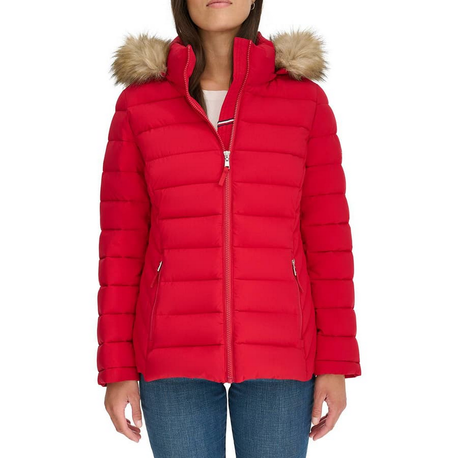 Womens Tommy Hilfiger Hooded Puffer Jacket with Faux Fur Trim