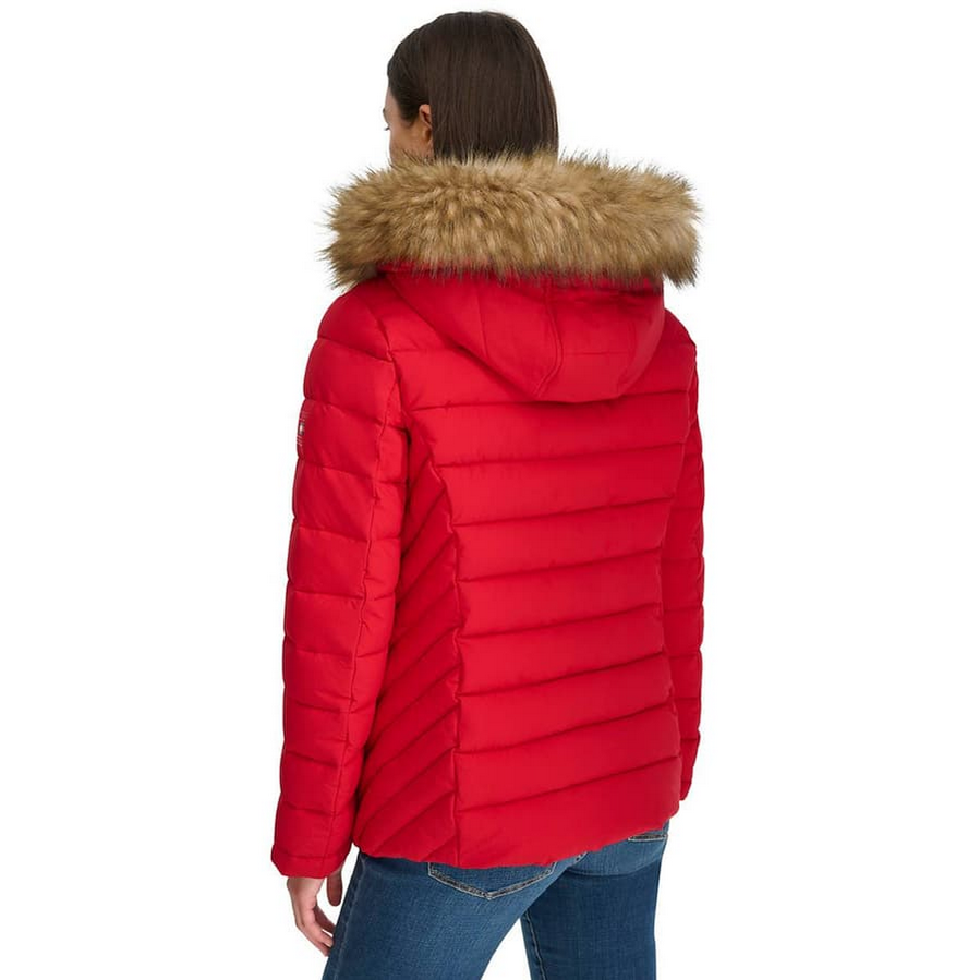 Womens Tommy Hilfiger Hooded Puffer Jacket with Faux Fur Trim